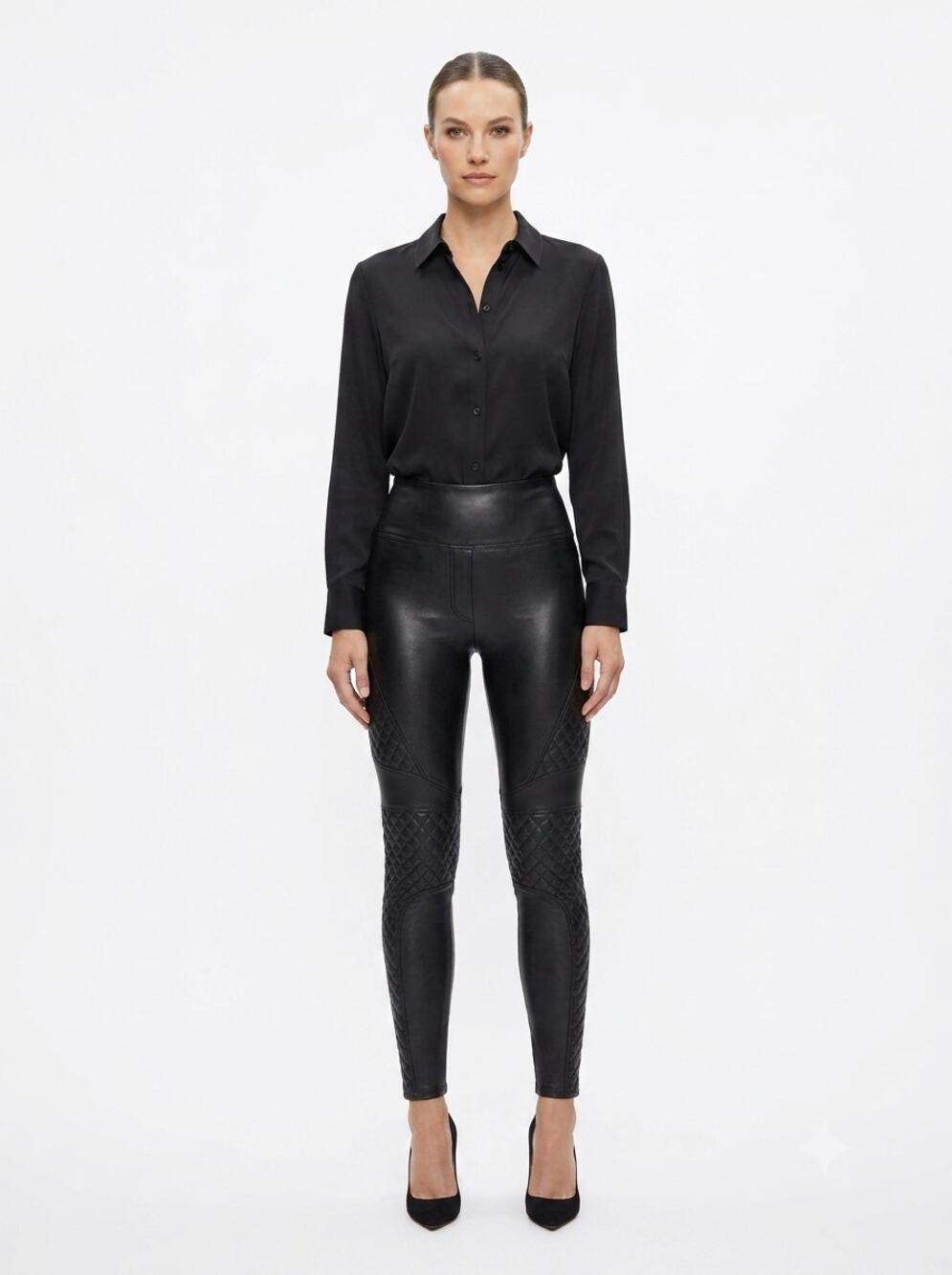 Spanx Faux Leather Moto Leggings Womens 1X Petite Black Quilted High Waisted